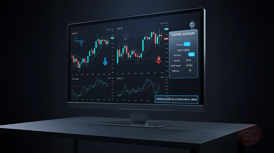 Illustration of automated trading with an expert advisor interface executing a strategy on MT5,
highlighting benefits of ai trading bot and ai stock trading.