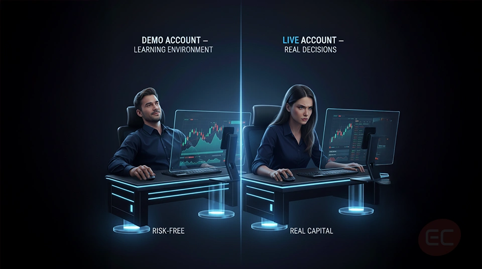 Visual representation of a forex demo account and live trading account comparison,
emphasizing emotional readiness and technical setup during the transition