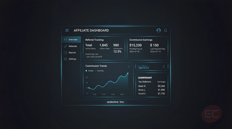 Screenshot of a broker’s affiliate dashboard showing tracking links and commission reports for
forex trading affiliate programs and IB program management.