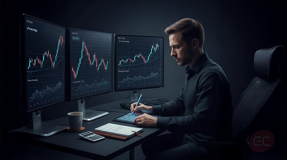 Trader using charts and a journal side by side to learn how to track trading performance and improve
consistency over time.