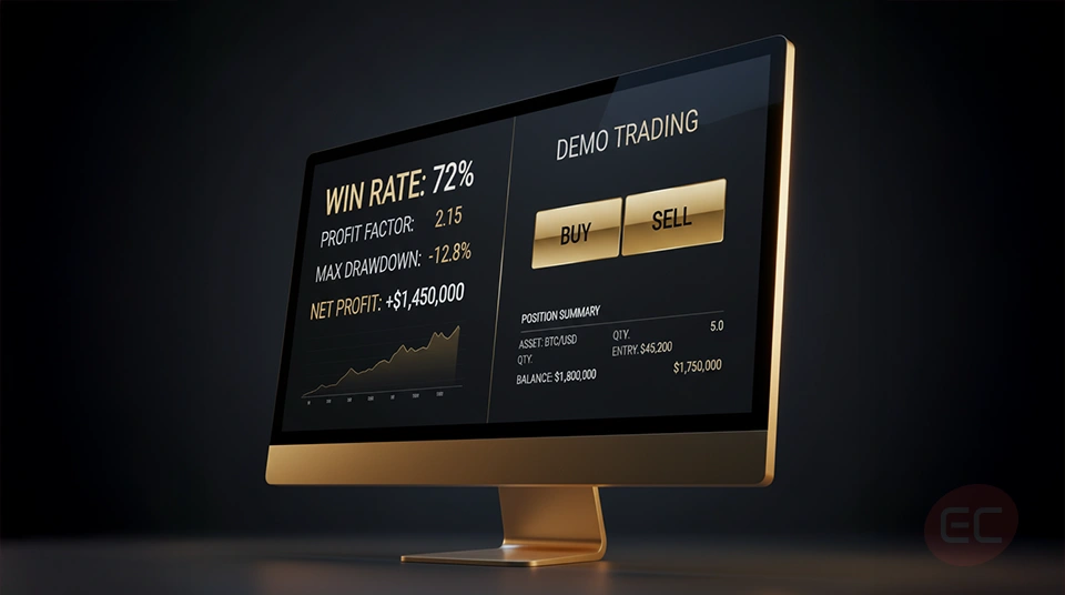 Computer screen displaying backtesting report and demo trading dashboard.
