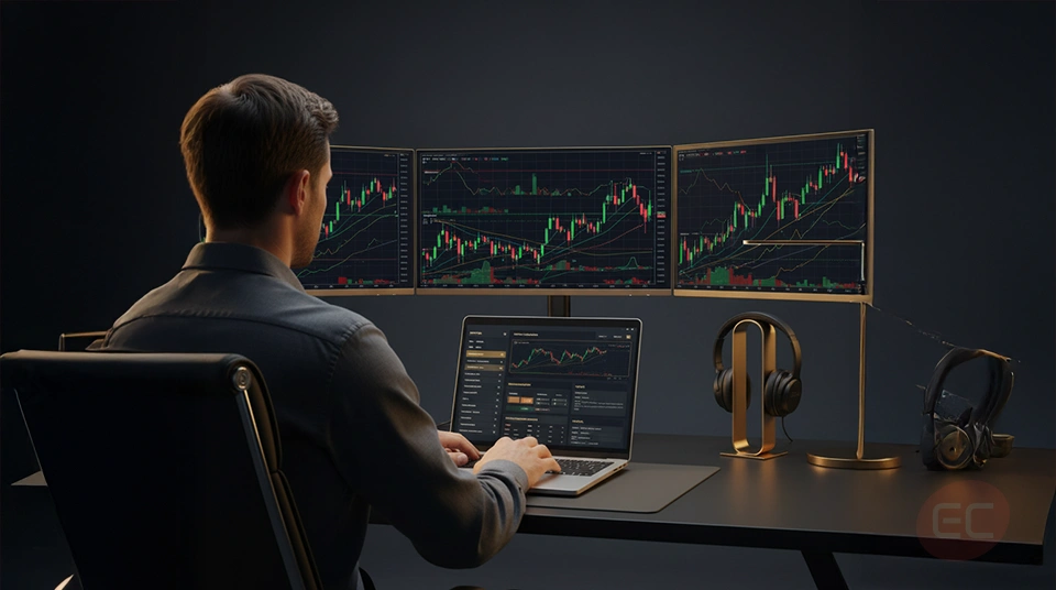 Trader reviewing a forex trading plan on a laptop with multiple monitors in the background.
