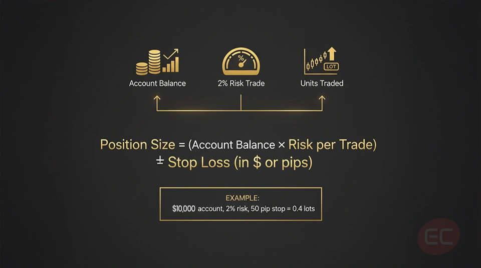 Chart explaining position sizing calculation based on account risk, stop loss distance, and maximum risk per trade, showing exactly how to calculate position sizing to protect trading capital.