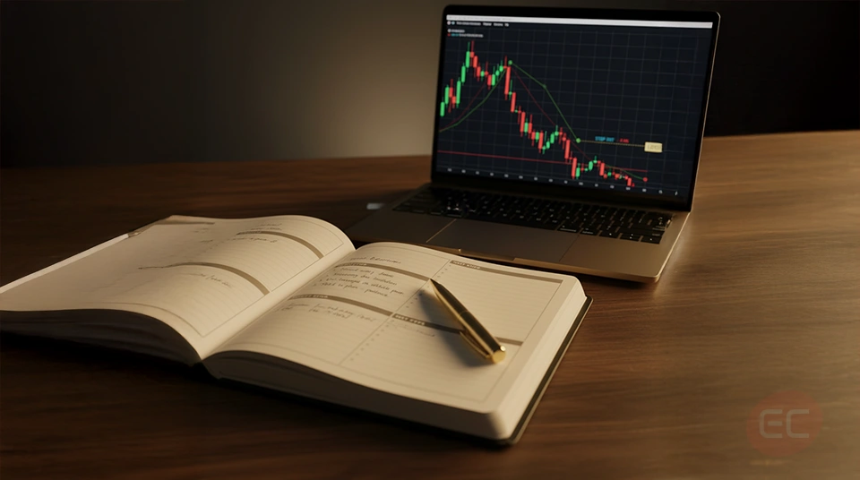 Trading journal open with notes and a stock chart on a laptop, helping avoid common mistakes in stock trading.
