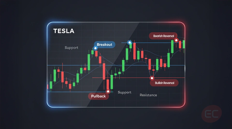 "Tesla stock price chart demonstrating real examples of price action trading and market structure
analysis."