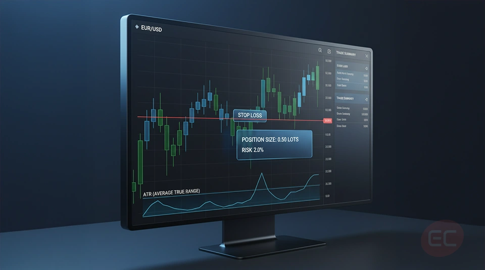 A breakdown of what is risk management in trading, highlighting volatility-based stops, position sizing, and reward-to-risk ratios on a forex trading platform.