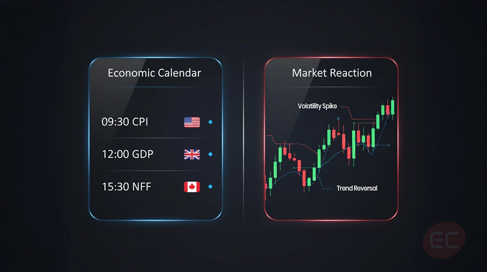  Economic Indicators & News Trading calendar highlighting major financial events and market reactions.