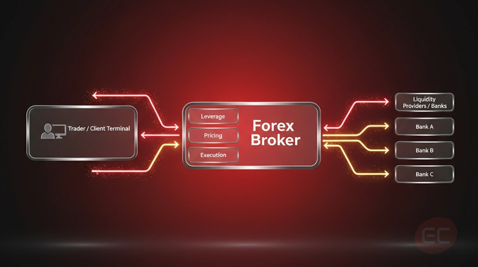 Diagram showing forex brokers as key players in forex markets connecting retail traders to the broader market