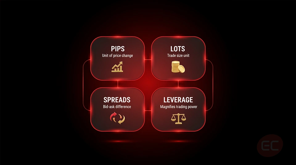nfographic overview of core Trading Terms including pips, lots, spreads, and leverage for beginner traders