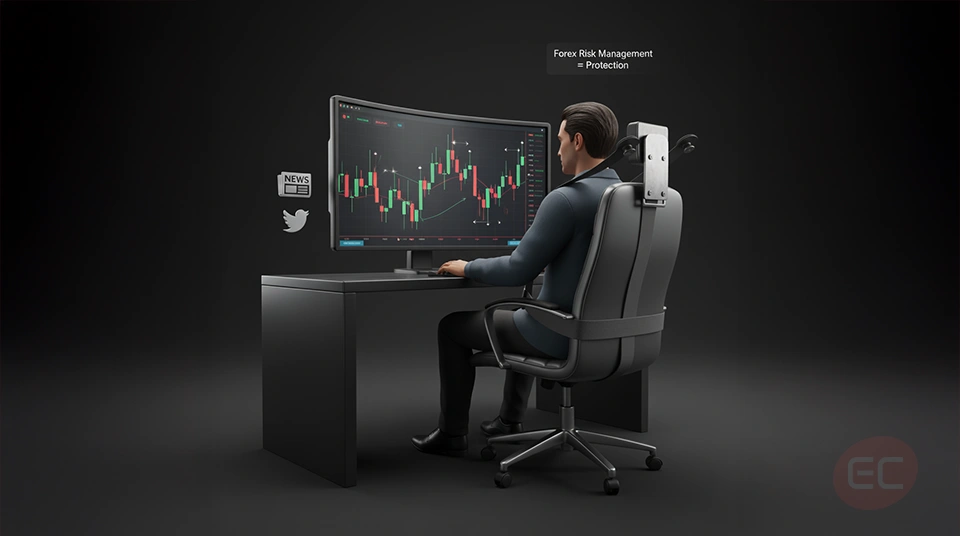 llustration of forex risk management showing a trader wearing a seatbelt
metaphor, symbolizing protection against market volatility.