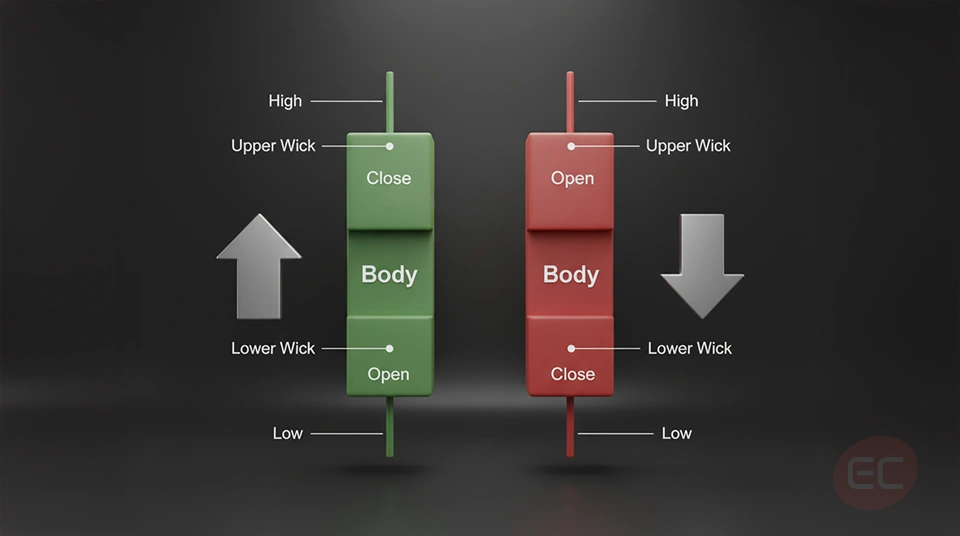 Basics of candlestick patterns showing candle body, wicks, and price levels