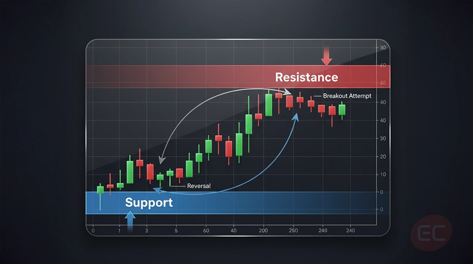 Support and resistance levels shown on a price chart illustrating key trading zones