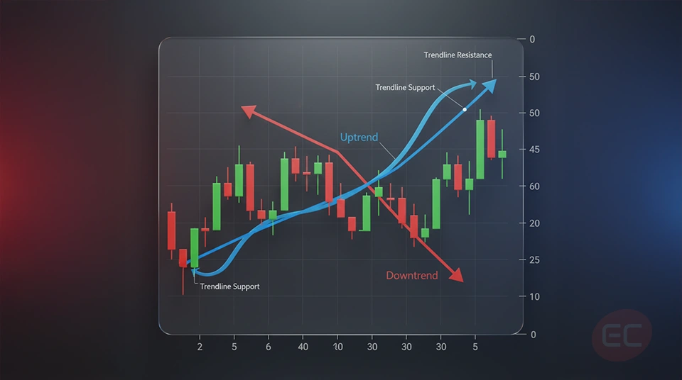 "Price chart illustrating trend analysis and trendlines to identify market direction"