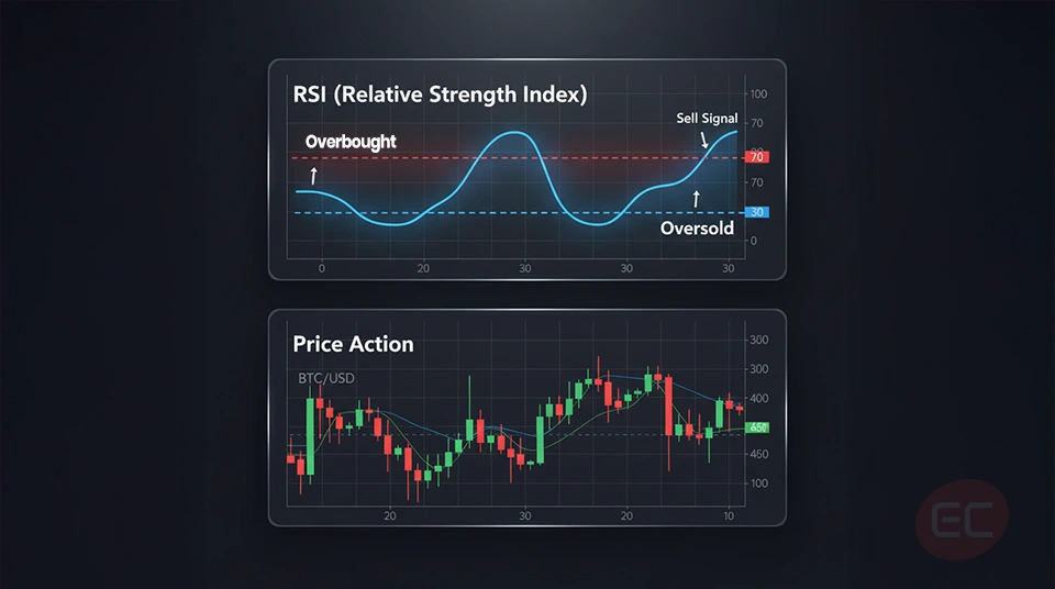"RSI indicator chart showing overbought and oversold levels for Common Indicators: RSI, MACD, MovingAverages"