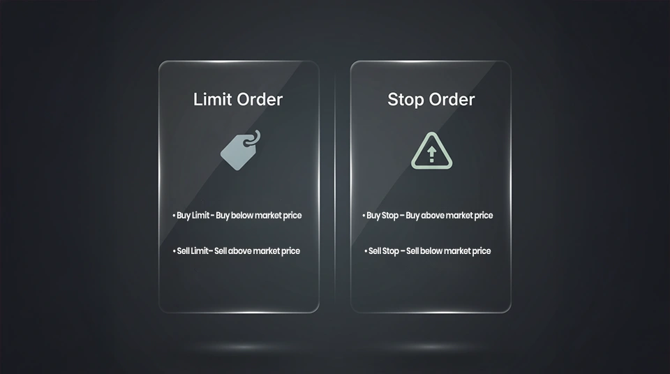 Infographic comparing limit order vs stop order with examples of buy limit and buy stop
strategies.