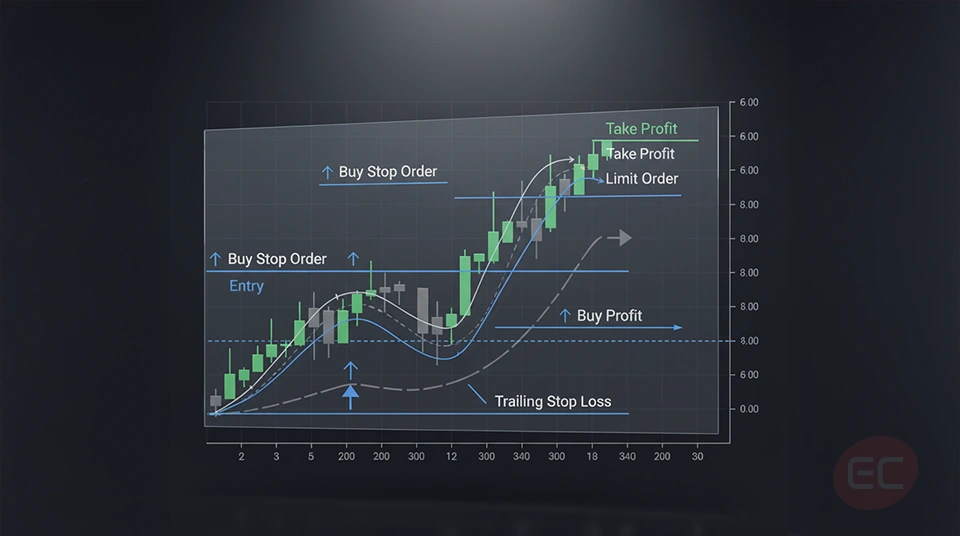 Trading strategy diagram showing limit order vs stop order setup with a trailing stop loss
for risk management.