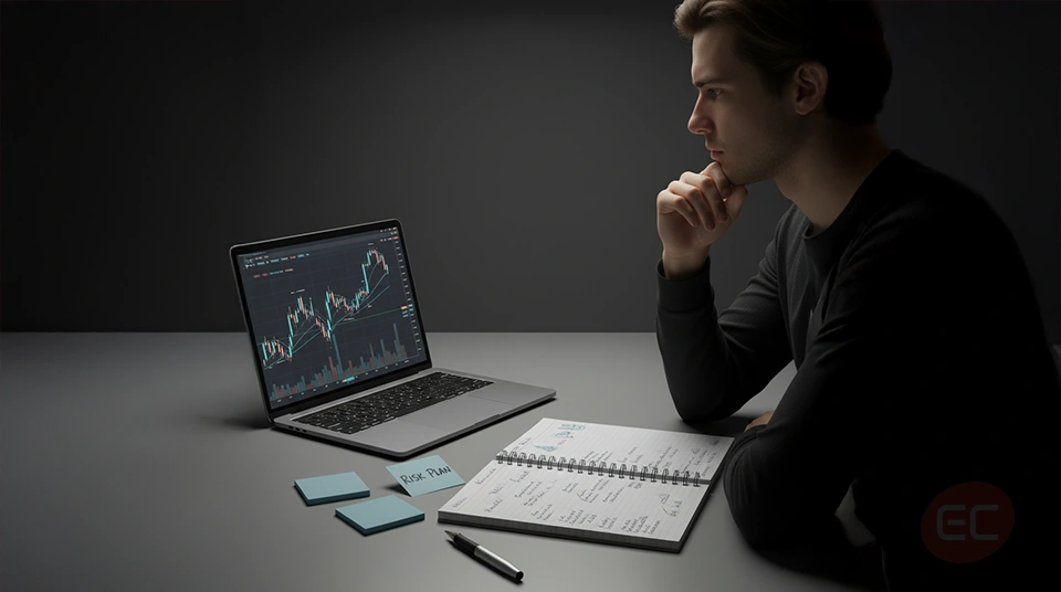 Beginner forex trader reviewing a trading plan focused on forex risk
management at a desk.