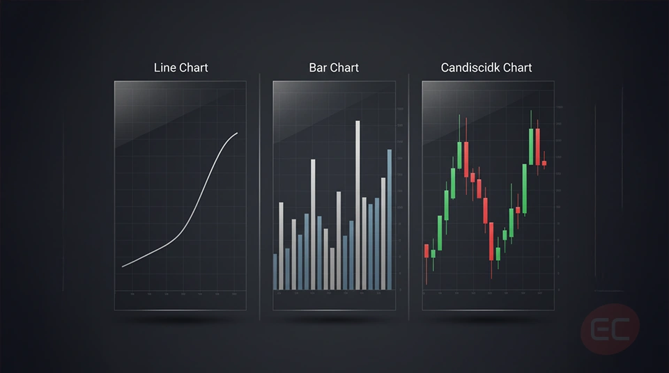 A side-by-side comparison of line chart, bar chart, and candlestick chart for a forex pair, helping
traders visually understand how to read forex charts.