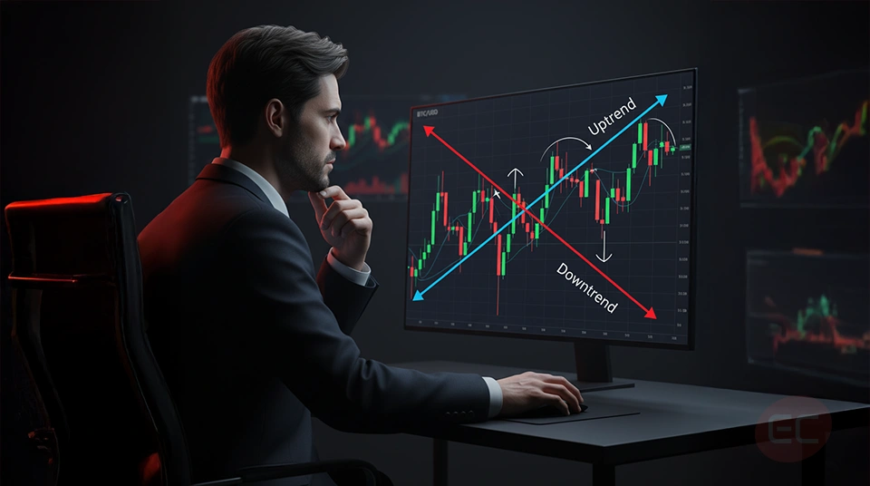 "Trader applying trend analysis and trendlines to determine entry and exit points"