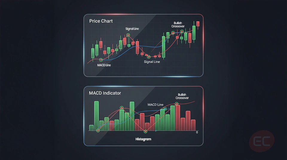 "MACD indicator with MACD line, signal line, and histogram illustrating momentum shifts showing common Indicators: RSI, MACD, Moving Averages"