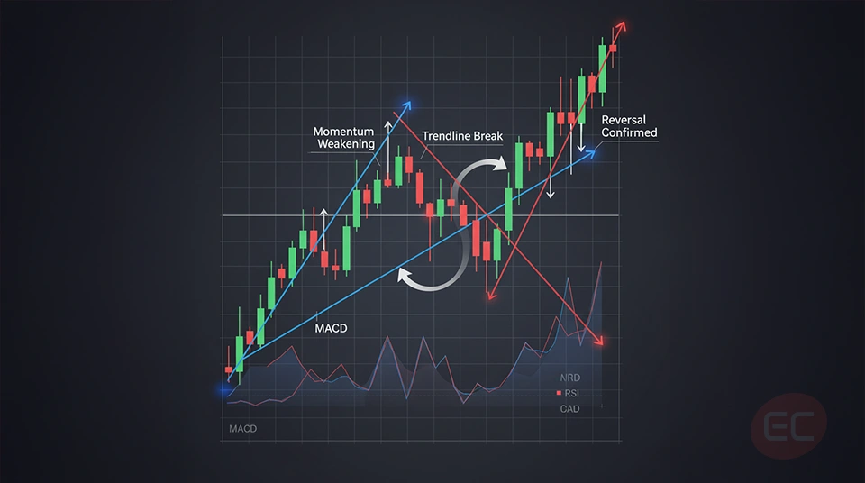 "Market graph displaying trend analysis and trendlines to visualize momentum and reversals"