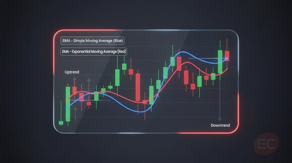 "Common Indicators: RSI, MACD, Moving Averages showing Price chart displaying Simple Moving
Average to identify trends"