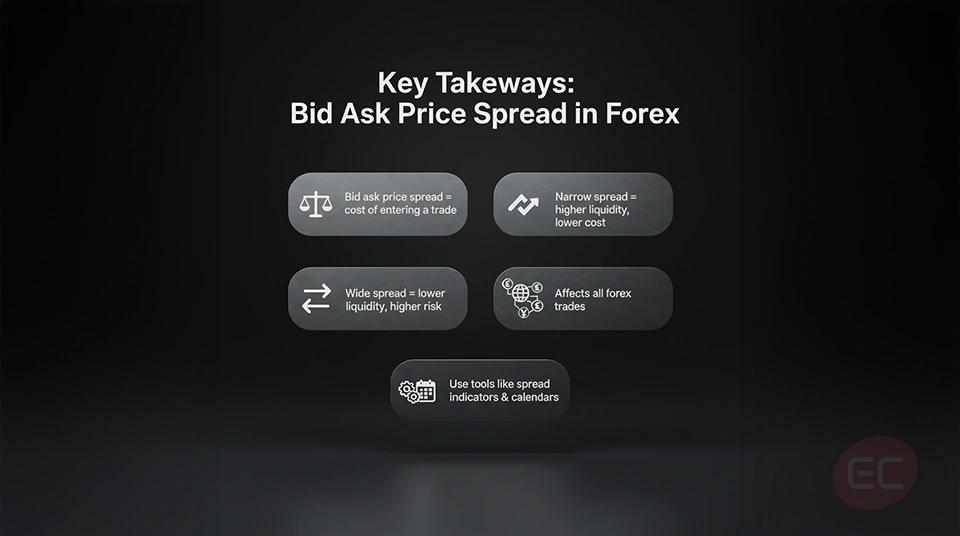Summary infographic explaining key points about the bid ask price spread in
forex trading.
● The bid ask price spread is the difference between the buying and selling price of
a specific currency. It’s a representation of your trading cost and it can
dramatically fluctuate based on market conditions, liquidity and even the time of
day.
● There are two types of forex spread: fixed and variable. Various factors, including
economic news can have a direct influence on the ask bid spread.
● Traders can use tools like spread indicators and economic calendars to help
manage and monitor the spread in forex correctly.
● Understanding the meaning of spread in forex can drastically help traders reduce
cost, plan ahead of time their trades, and improve potential profits.
We hope you enjoyed our course on what Is spread in forex: understanding the bid ask
price spread. If you want to deepen your trading knowledge further, then keep reading
the EC Markets Academy courses as we explore more crucial trading topics.
