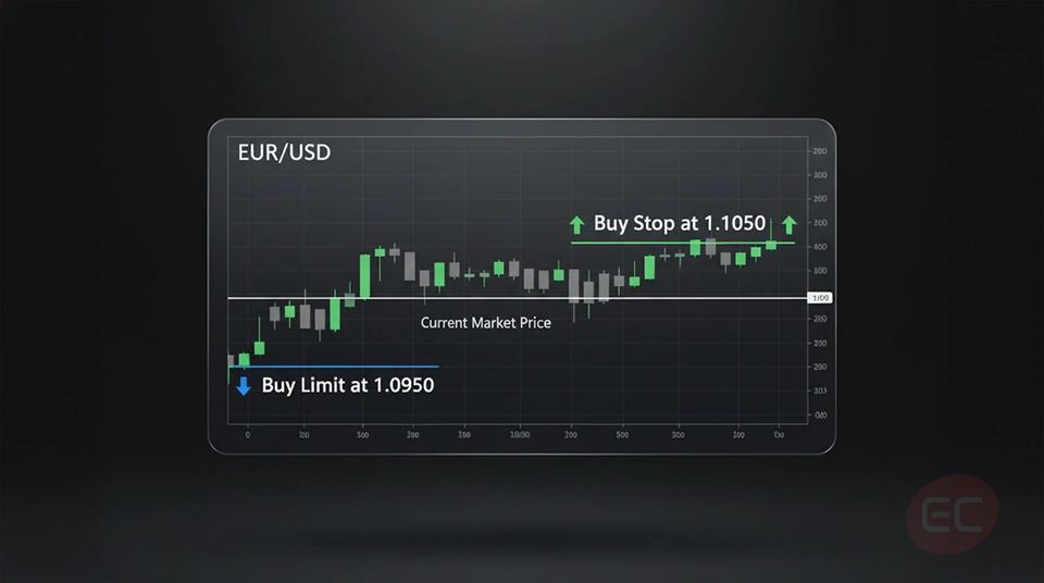 Price chart showing limit order vs stop order in a forex trading example with labeled entry points.