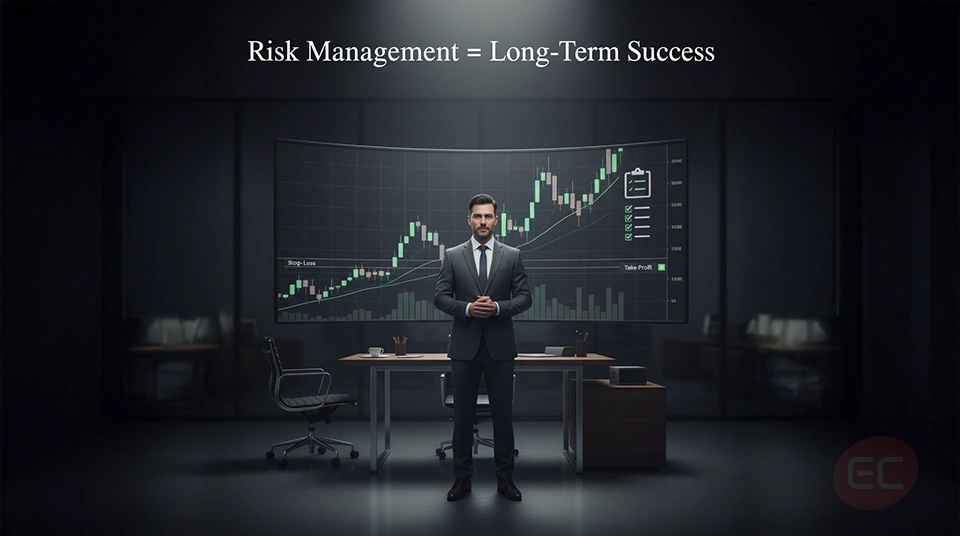 “Confident forex trader achieving success through strong forex risk
management and trading risk control strategies.”