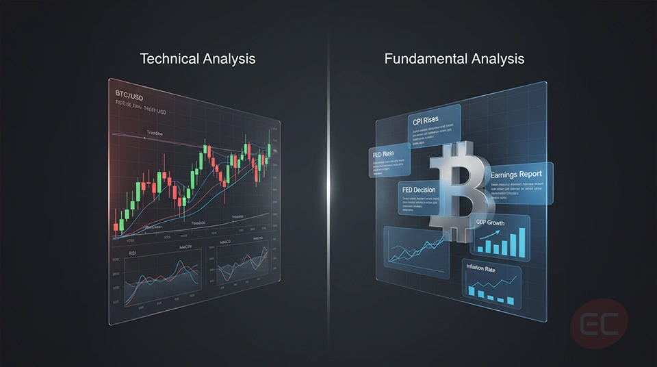 What is technical analysis versus fundamental analysis shown in a side-by-side chart and news comparison.