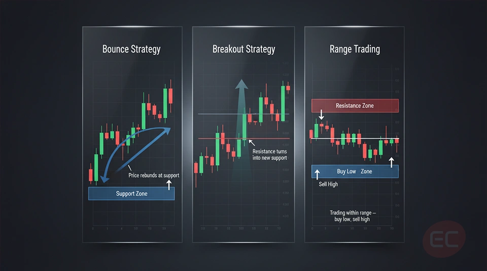 Support and resistance levels explained with examples of trading strategies on financial charts