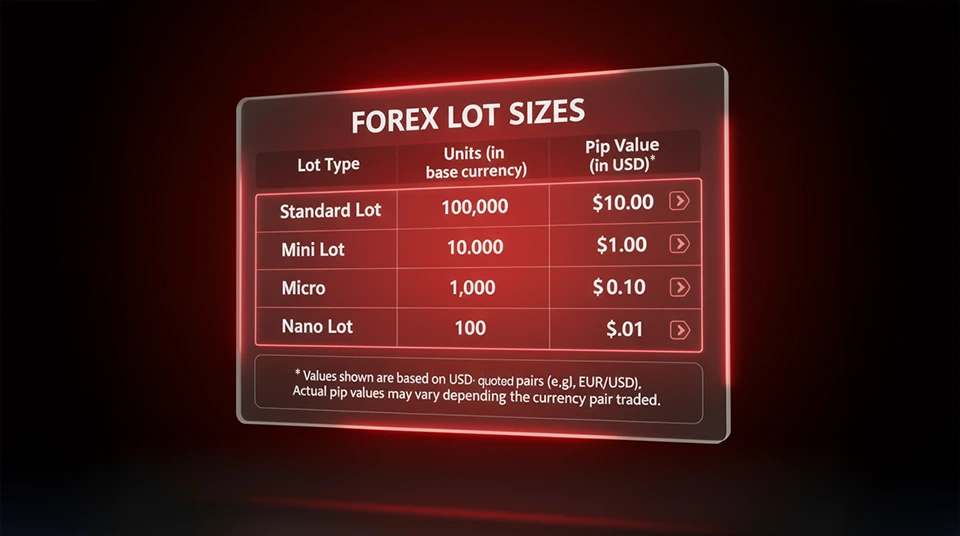 Lot size comparison table illustrating different lot types as part of Trading Terms in forex