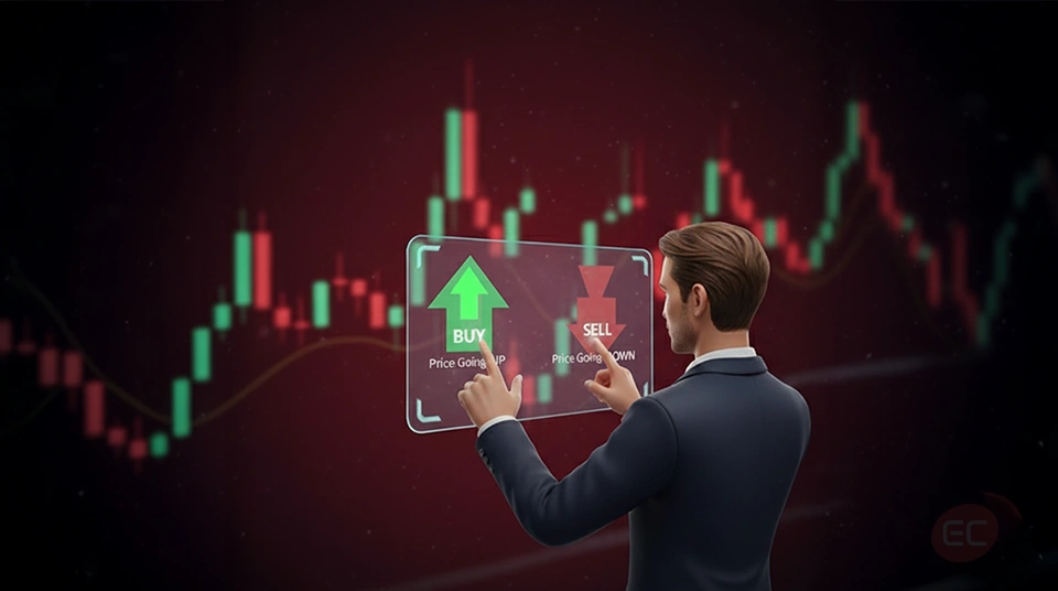 What is Forex Trading and How Does It Work? Visual explaining how CFD trading works with price speculation arrows