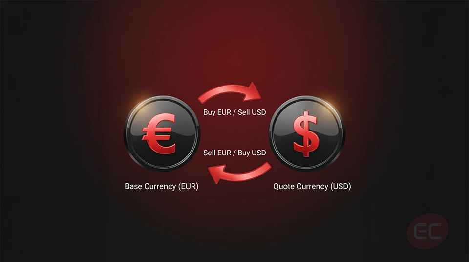 What is Forex Trading and How Does It Work? Diagram of EUR/USD currency pair with buy and sell indicators showing how does currency trading work