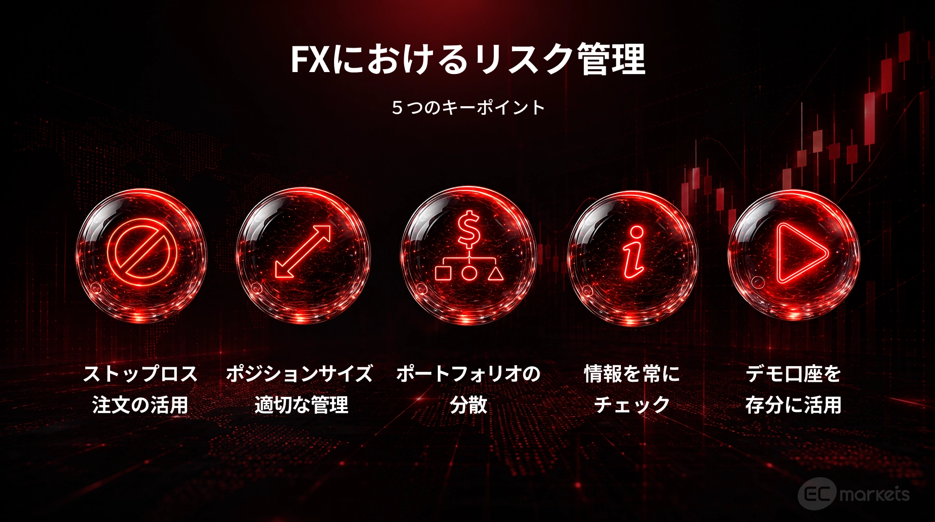 FX メリットの反面、５つのリスク管理のキーポイント、FX 危険性を管理するための方法の図
