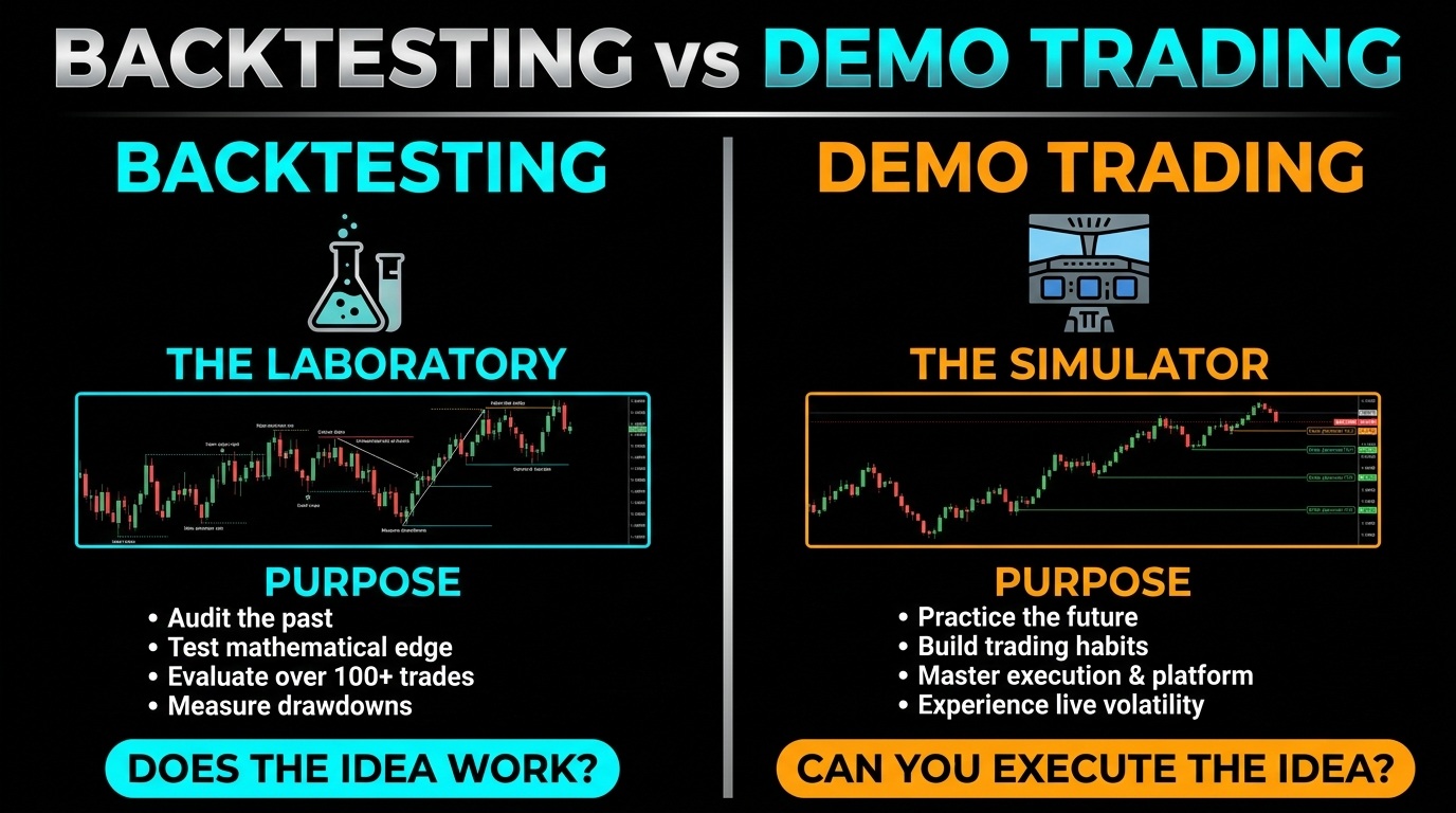 Difference between backtesting and using a demo trading account.