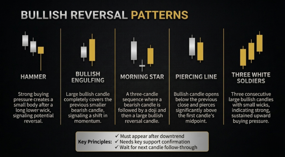 Five bullish formations to look out for when trading candlestick patterns: hammer, bullish engulfing, morning star, piercing line and three white soldiers.