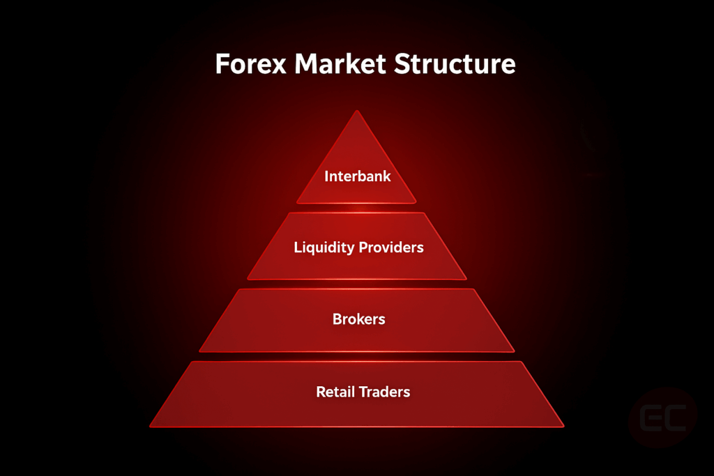 Interbank foreign exchange forex market structure diagram showing the hierarchy of forex participants from interbank market to retail traders.