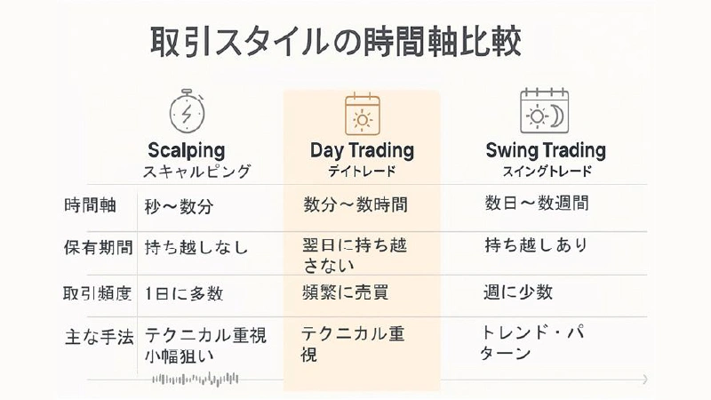 Comparison chart of day trading time frames and other trading styles (scalping, swing trading)