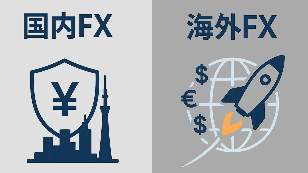 国内と海外FXの対比。安全性の盾と高レバレッジのロケット。
