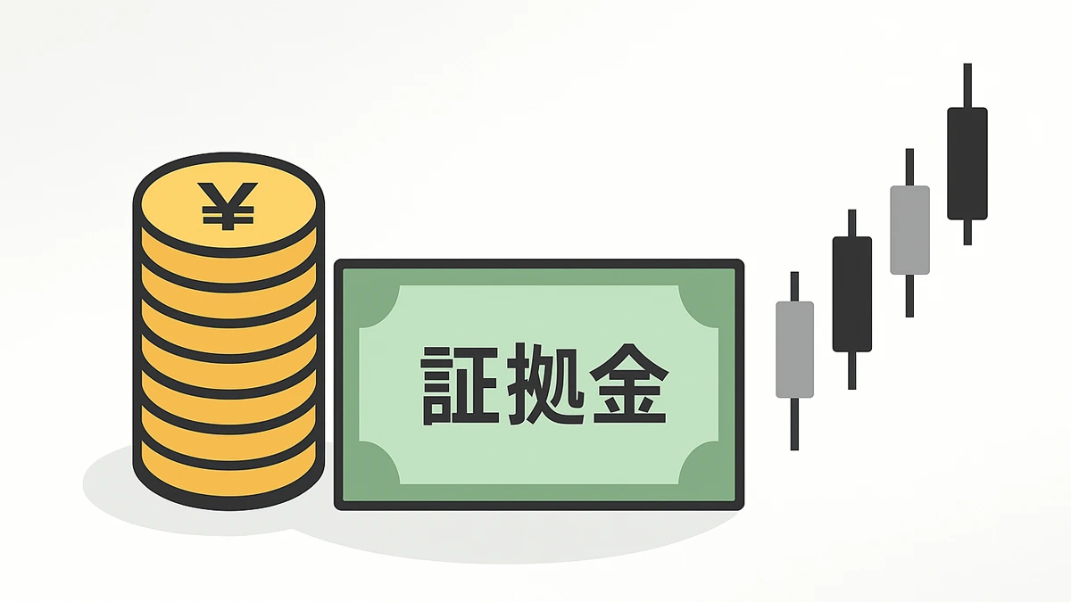 「証拠金」の札と円硬貨、為替のローソク足でFXの証拠金を表現