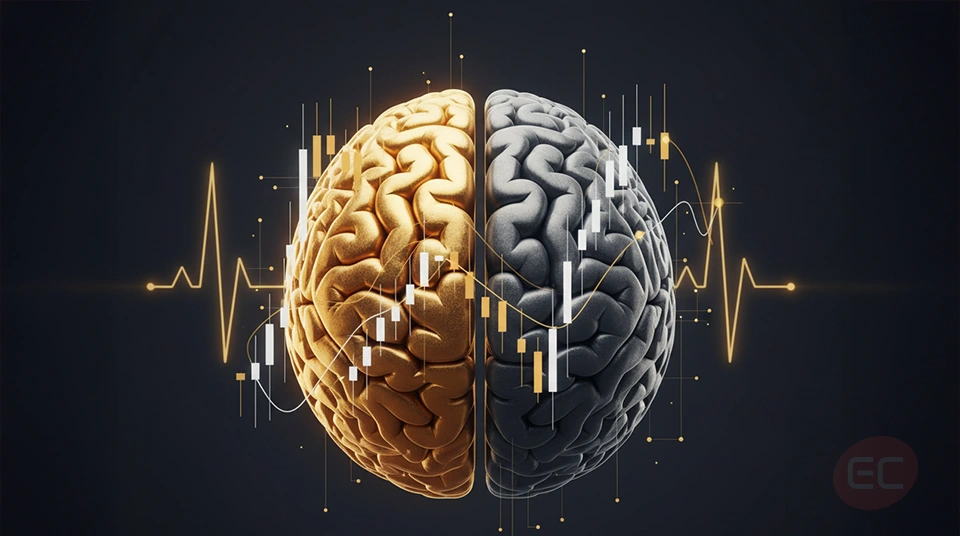 Illustration of a brain intertwined with trading charts, symbolizing the psychology of trading and disciplined
decision-making.
