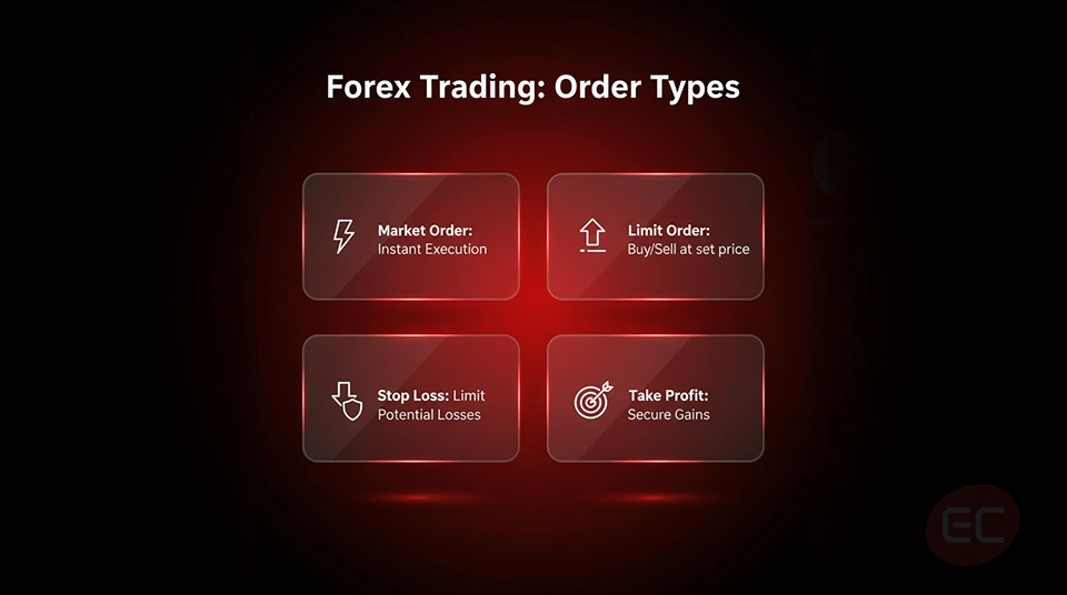 Forex Market Structure overview infographic showing types of forex orders including market, limit, stop loss, and take profit