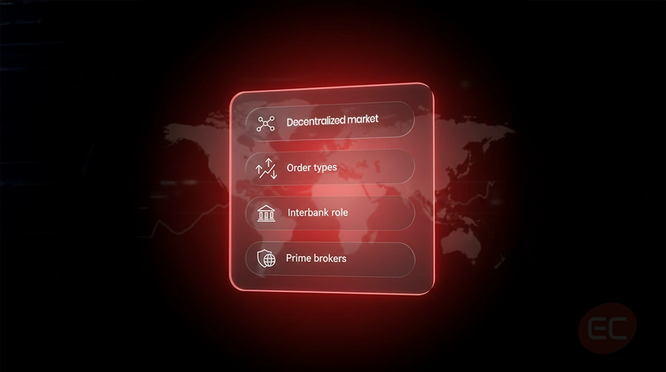 "Forex Market Structure summary infographic covering forex hierarchy, order types, and key trading insights"