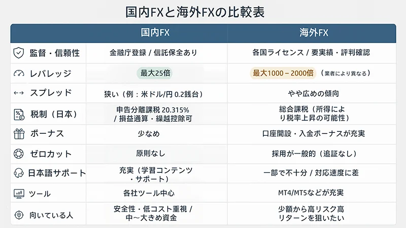 国内FX vs 海外FXの主な違いをまとめた比較表