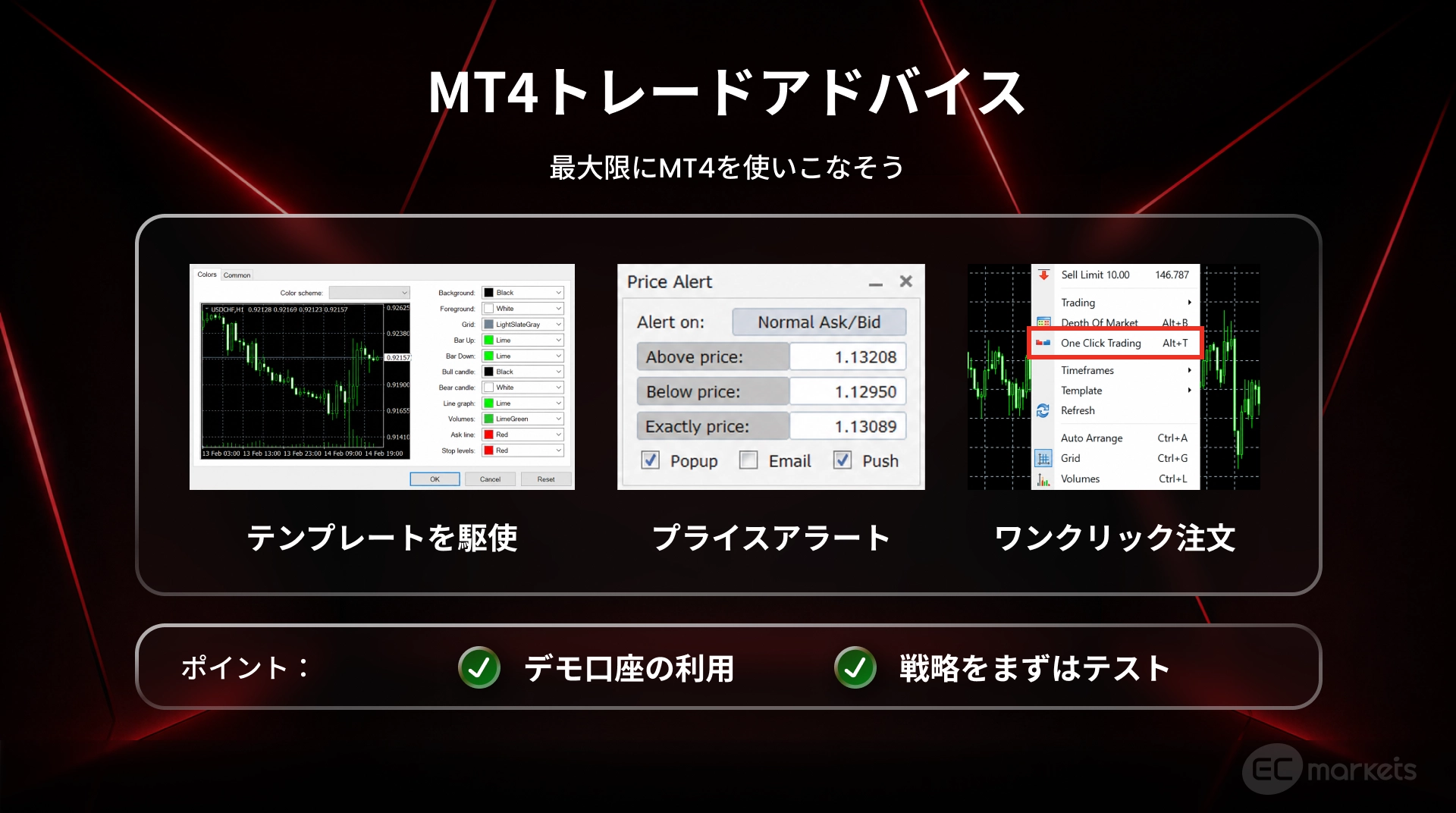 metatrader4 を最大限使いこなすアドバイス(テンプレートを駆使、プライスアラート、ワンクリック注文)
デモ口座で戦略をテストするのがポイント