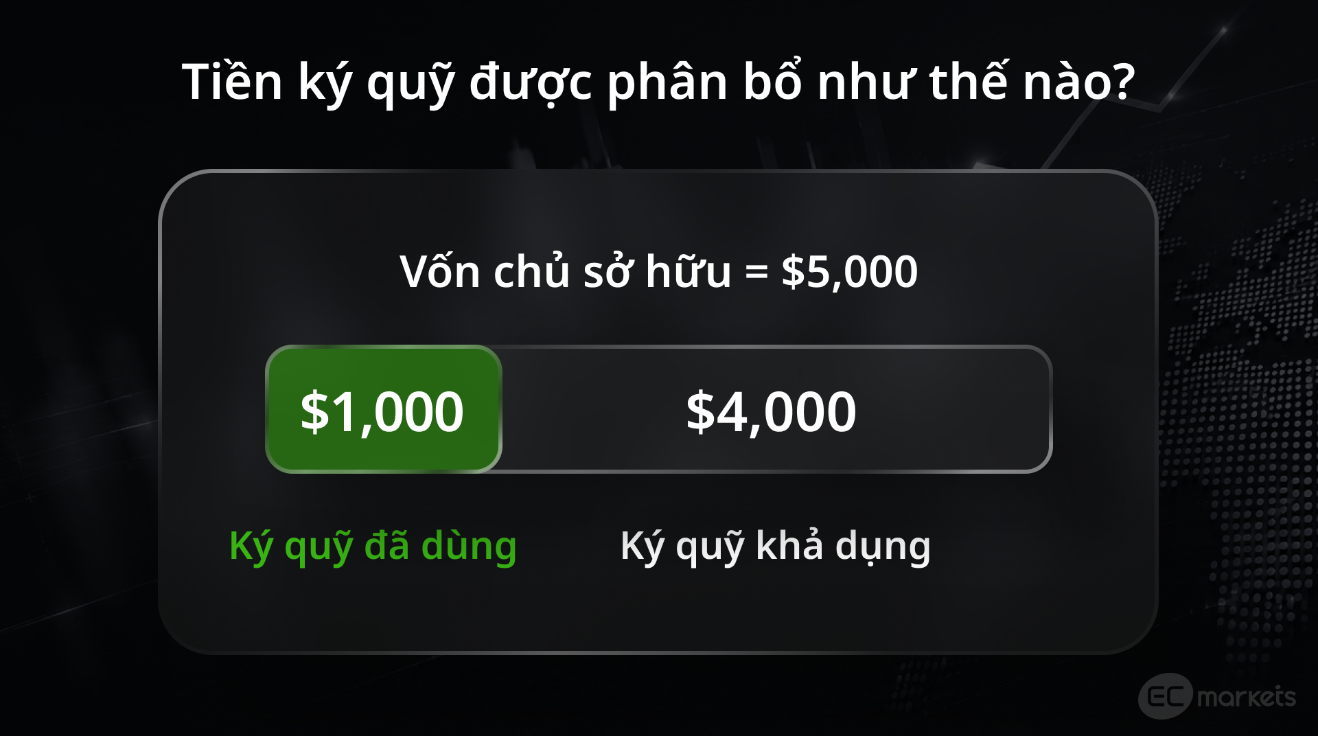 Hình 2: Minh họa về phân bổ margin trong trading, cho thấy vốn sở hữu được phân bổ giữa ký quỹ đã dùng và mức ký quỹ khả dụng.