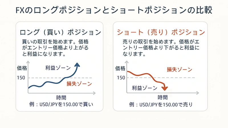 FXのロングポジションとショートポジションを価格と時間のグラフで比較し、利益ゾーンと損失ゾーンを示したインフォグラフィック