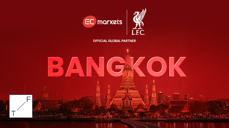 EC Markets at Traders Fair Bangkok 2026 featuring Liverpool FC partnership visuals and Booth 20 event details.