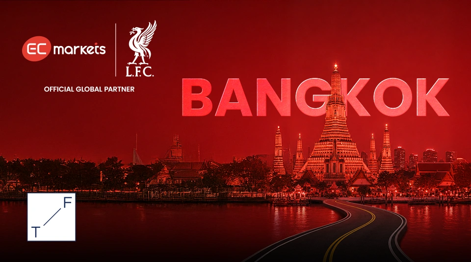  EC Markets at Traders Fair Bangkok 2026 featuring Liverpool FC partnership visuals and Booth 20 event details.
